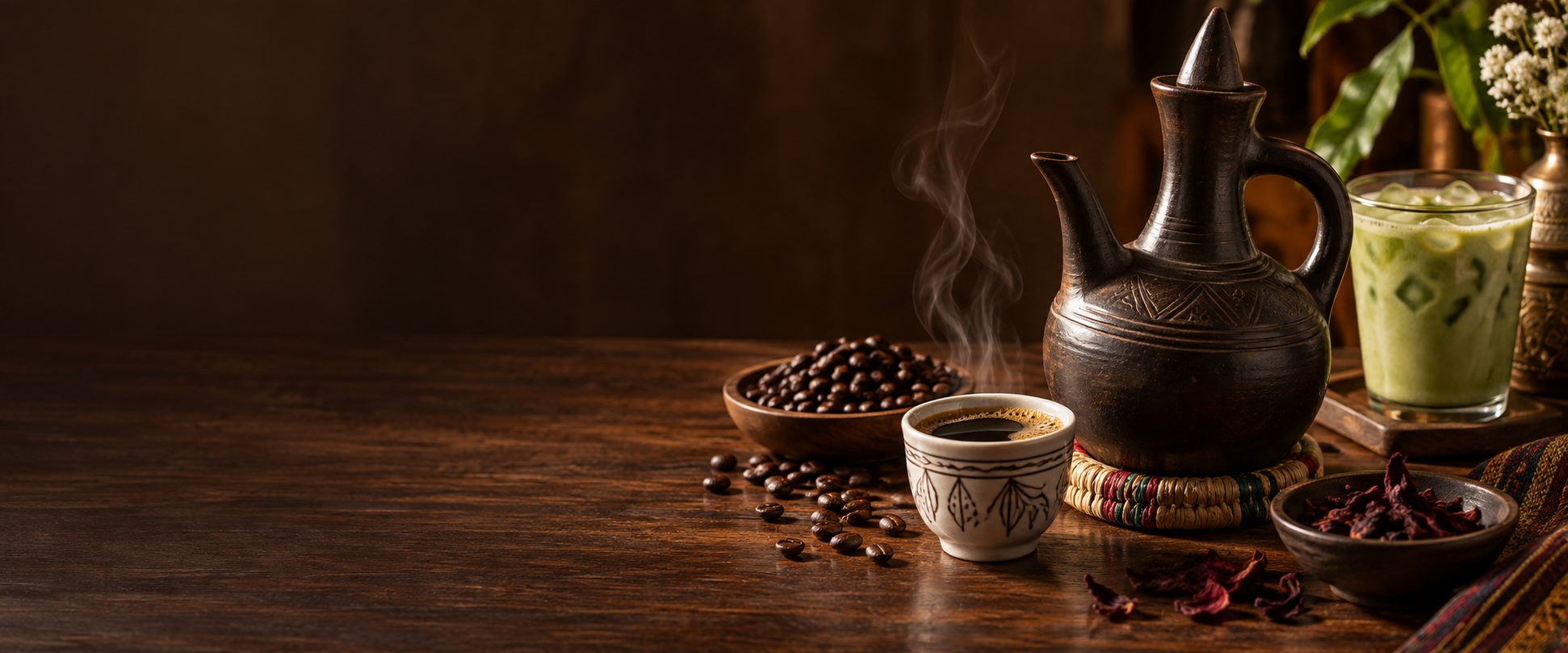Traditional East African coffee service with roasted beans, hibiscus, and iced matcha